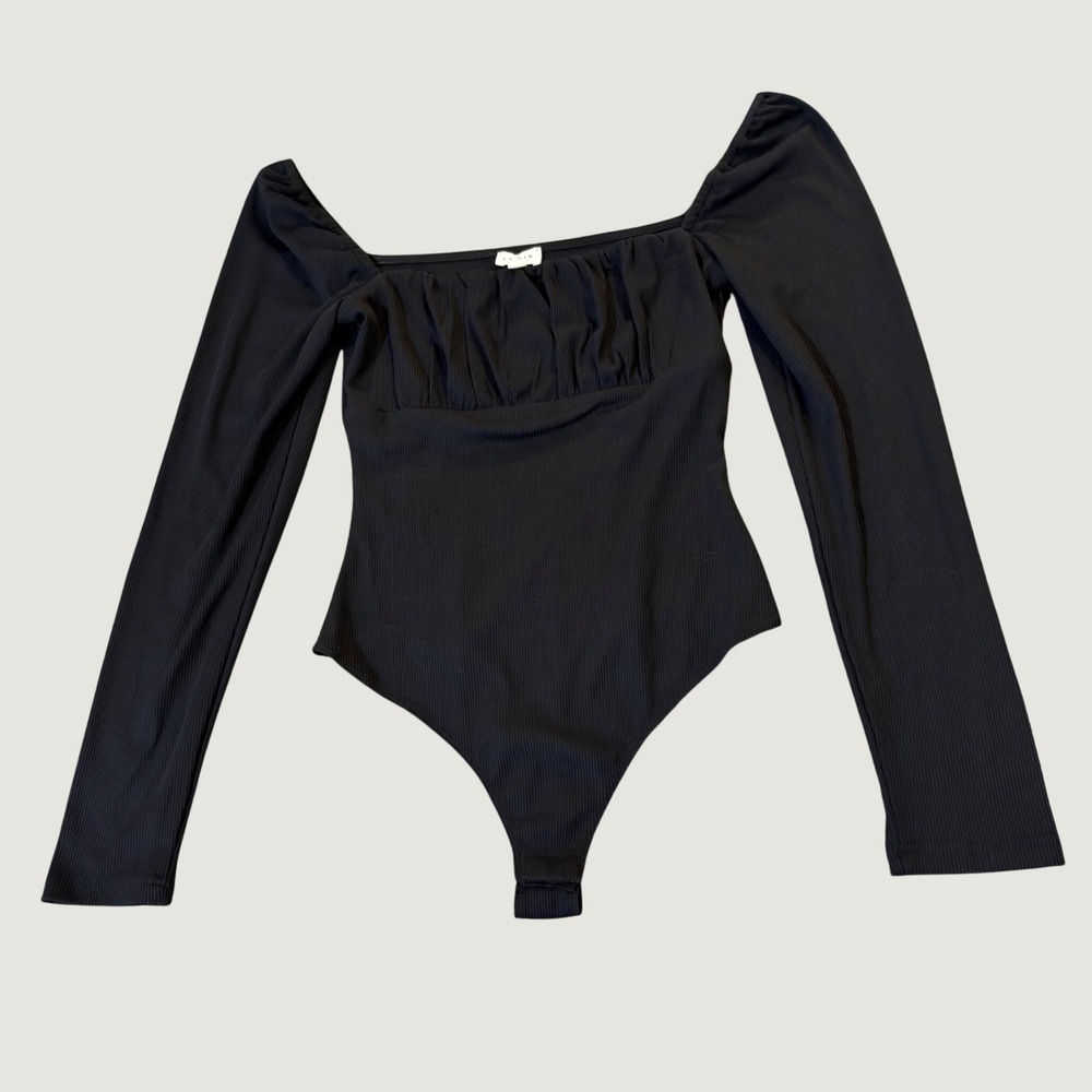 Ribbed Long Sleeve Bodysuit Small Ruched Square Neck Black Top